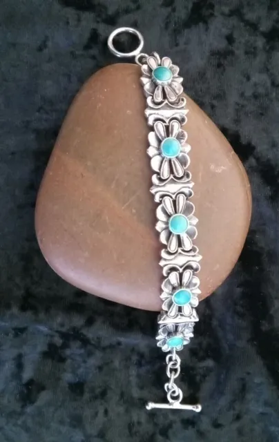 EXEX Floral Motif Turquoise & 925 Sterling Silver Braclet Bar & Toggle Clasp