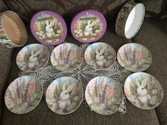 Easter Bunny Garden Canape Plates Spring Floral Ceramic Lt8 Box Susan Winget 6"