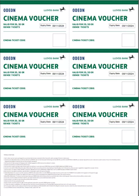 SIX (6) x ODEON CINEMA TICKETS-2D, 3D, iSENSE - LONG EXPIRY DATE 09/11/24 SIX (6) x ODEON CINEMA TICKETS-2D, 3D, iSENSE - LONG EXPIRY DATE 09/11/24
