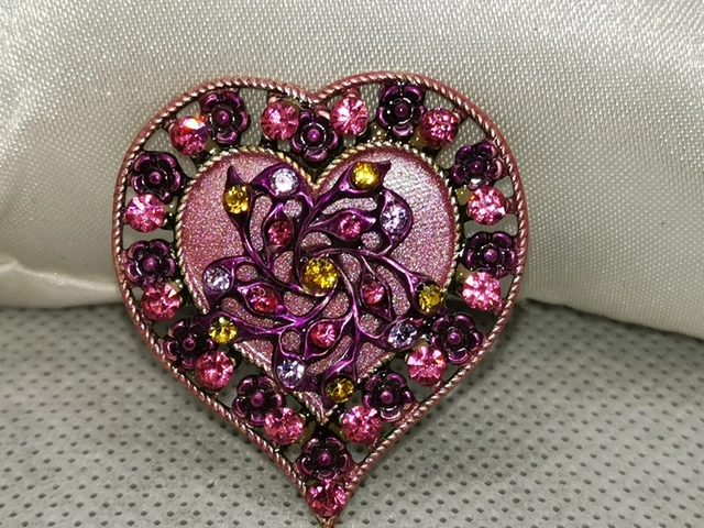 Broche Vintage Catherine Popesco Porte-bonheur Trèfle Cœur - Métal Argenté, Occasion