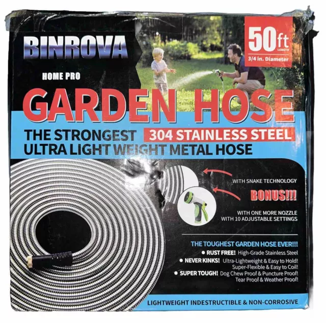 Manguera de jardín de metal ligero de acero inoxidable Binrova 50 ft 304 - caja dañada