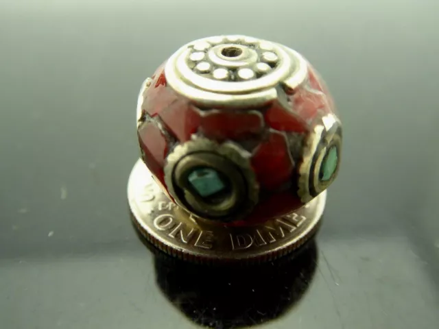Vintage Nepalese Natural Inlaid Coral Turquoise Rondelle Pendant Focal Bead 1 Pc 2