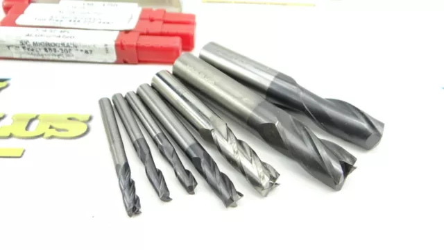 Lot Of 7 Assorted Solid Carbide End Mills 3/16" 1/4" 11/32" & 1/2" Dia Sgs Usa