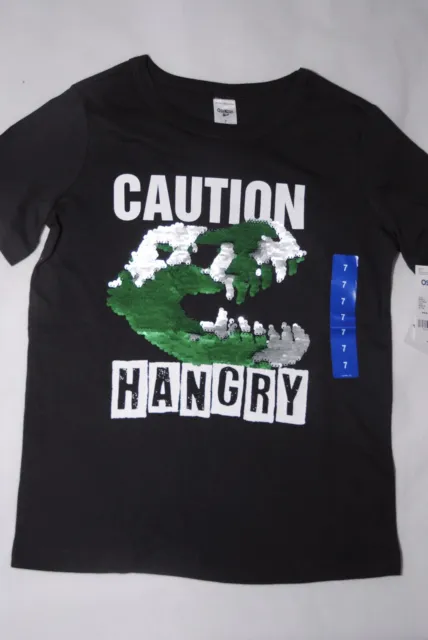 Boys Osh Kosh B'gosh Flip Sequins "Caution Hangry" Dino Skull T-shirt 7 Yrs New