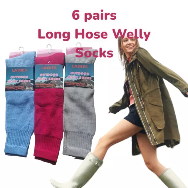 Ladies 6 Pack Womens Wellington Welly Outdoor Boot Socks 4 - 7 Soft Warm Cosy