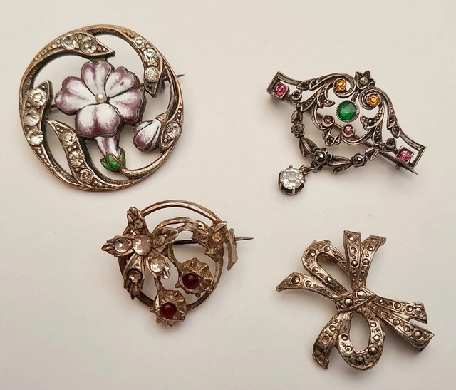 Ancienne Broche Art Déco Bouquet De Fleurs Métal Argenté, Vintage Créateur, Sans Marque