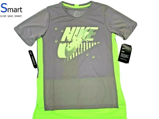NWT SIZES S M L YOUTH Nike Logo Tshirt Soft Polyester Gray Neon Green BOYS KIDS