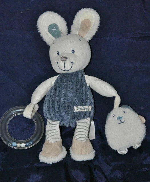 Peluche Doudou Lapin Velours Bleu NICOTOY BABY Hochet Ours Blanc 23 / 28 Cm