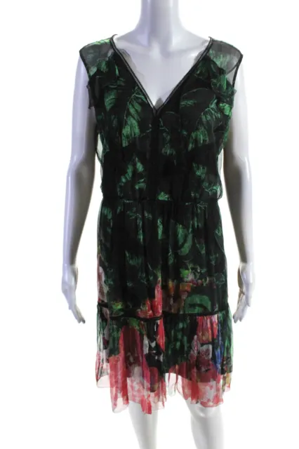 Elie Tahari Womens Silk Floral Sleeveless A Line Dress Black Green Pink Size 8