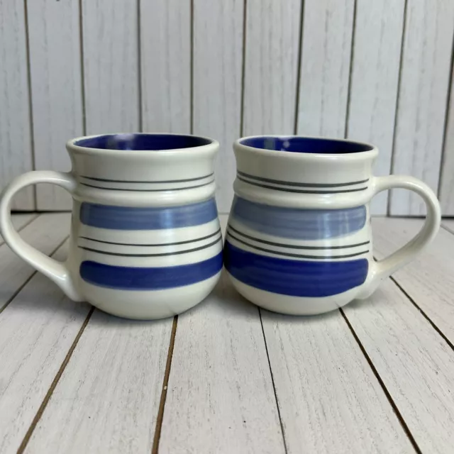 Vintage Pfaltzgraff Mugs RIO White & Blue (Denim/Cobalt Color) Striped Set Of 2