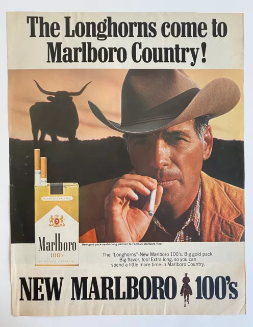 1967 MARLBORO  Cigarettes Cowboy & Horse Longhorns 100 Gold Vintage PRINT AD