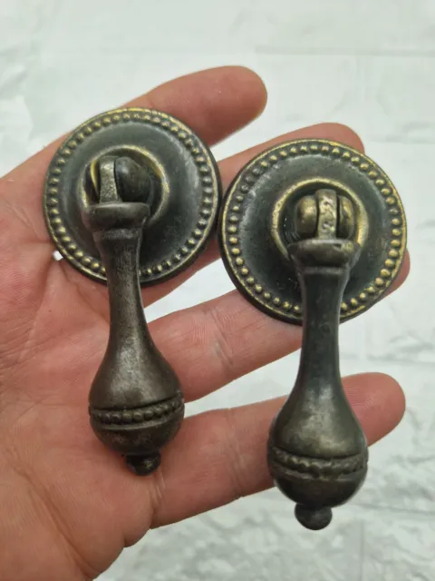 Antique Pair Of Brass Drawer Cabinet Drop Pull Handles Solid 5.4cm Long 1.9cwide