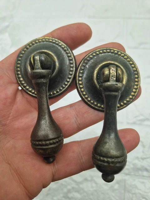 Antique Pair Of Brass Drawer Cabinet Drop Pull Handles Solid 5.4cm Long 1.9cwide