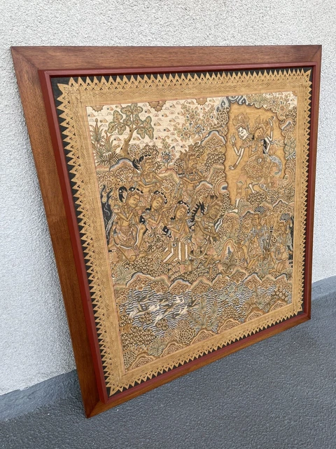 Vintage LARGE Batuan Indonesian Figural Painting Folk Art Framed NICE
