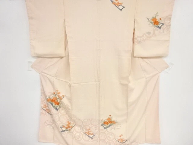 46164# Japanese Kimono / Antique Kimono / Embroidery / Floral Plants & Boat