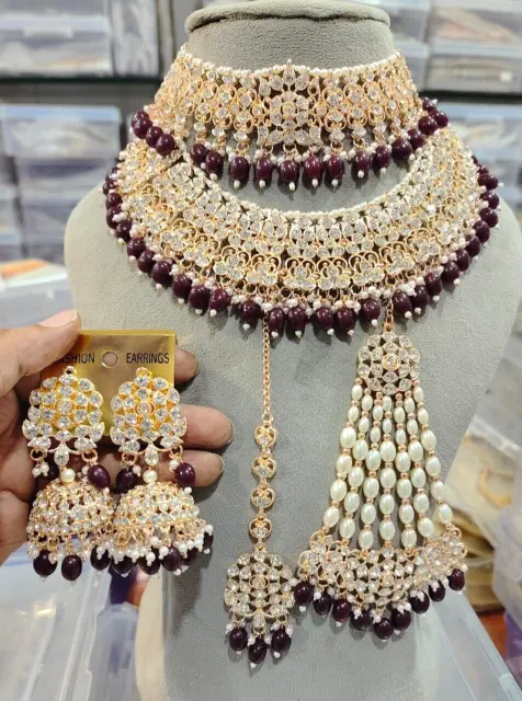 Indien Bollywood Plaqué Or Kundan Ras Du Cou Mariage Collier Oreilles Bijoux