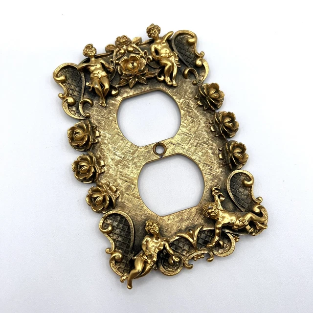 Vintage 70s Signed Florenta of California Gold Floral Cherub Angel Outlet Plate