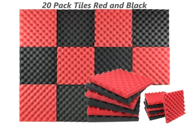 20pk Premium Acoustic Foam Black & Red Egg Wall Tile Soundproofing 12"x12"x1.5"