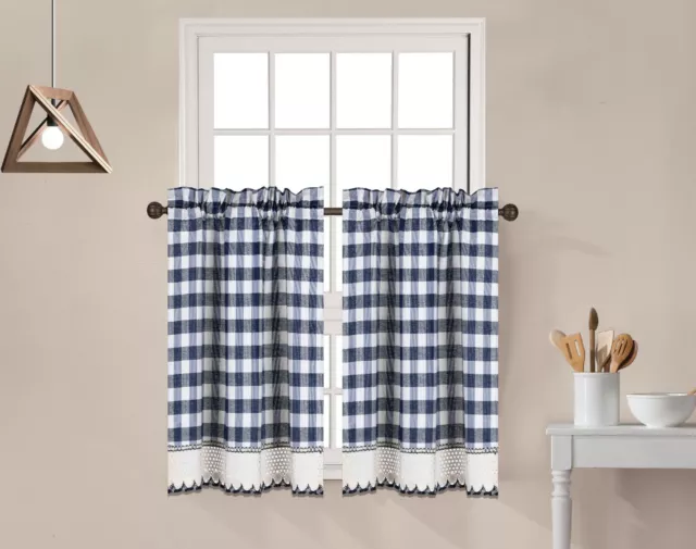 2 Piece Buffalo Check Plaid Gingham Crochet Trim Window Curtain Tier Panel Set