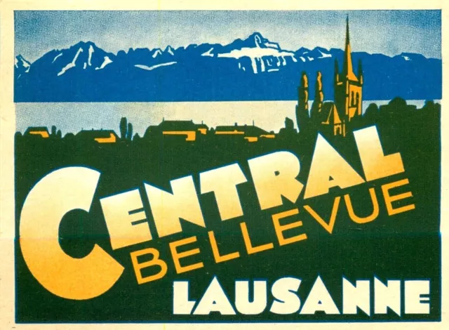 Central Hotel Bellevue ~LAUSANNE SWITZERLAND~ Beautiful Old Luggage Label, 1940