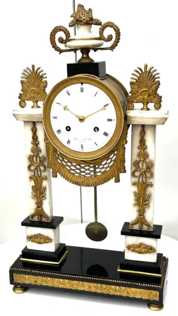 Antique French Empire Marble Portico Pillar Striking 8-Day Mantel Clock 1830