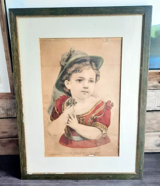 Little May Blossom Currier & Ives Original Lithograph Antique Wood Frame 1874