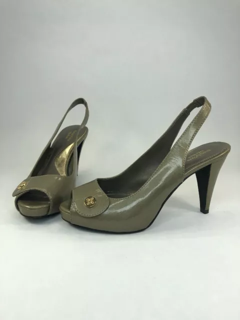 Vera Wang Patent Metallic Plumosa Cocoa Peep Toe Platform Slingback Pump 7M