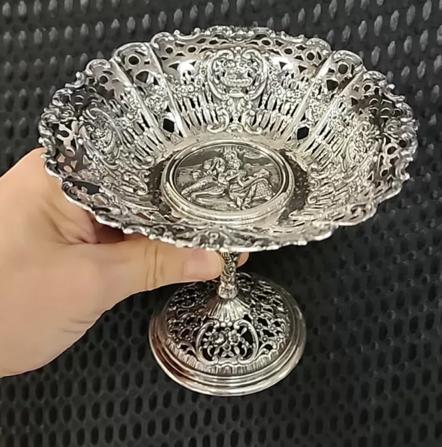 antique German 800 silver Compote tazza ornate repouse pierced