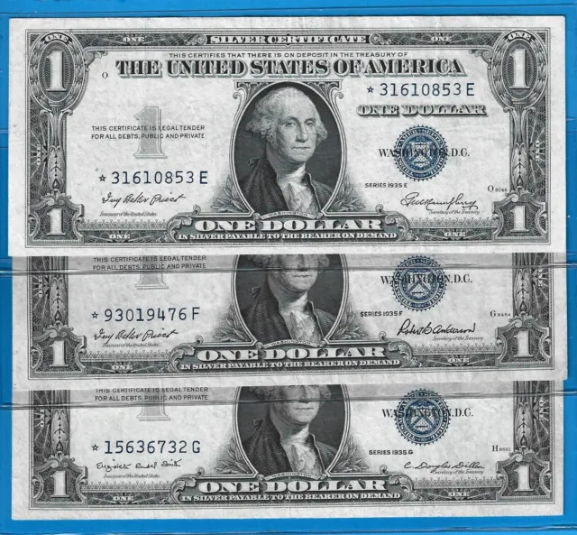 1935E/F/G $1 Silver Certificate,3) *Rare* Star Notes,Blue Seal,Crisp VF,Nice!