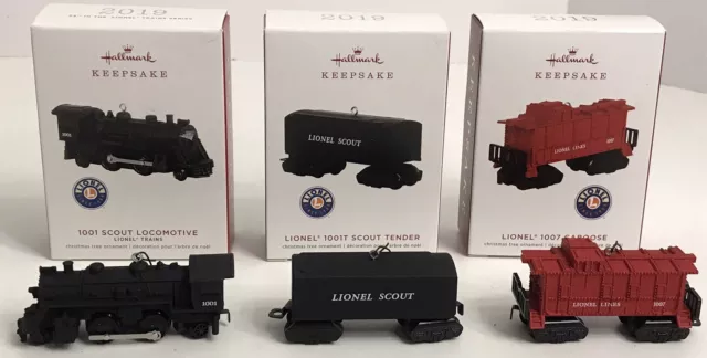 HALLMARK CHRISTMAS ORNAMENT LIONEL TRAIN 1001 SCOUT  LOCOMOTIVE+Tender & Caboose