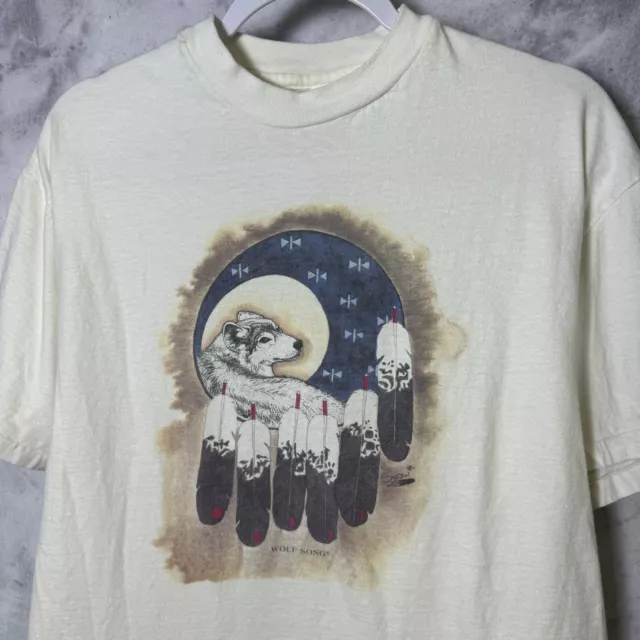 Vintage Native American Wolf T Shirt Mens Large L White 90s