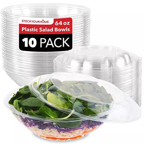 10 Pack 64oz Disposable Plastic Serving Rose Bowls with Lids Salad Containers
