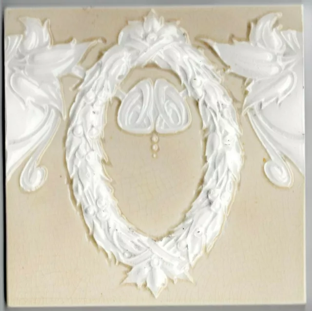 White & cream antique tile c1900 Germany Villeroy & Boch High relief Art Nouveau