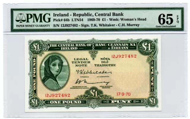Ireland: Republic Central Bank 1 Pound 17.9.1970 Pick 64b PMG Gem Unc 65 EPQ.