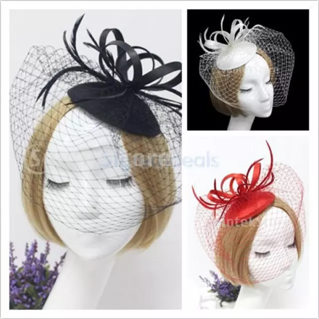 Women Wedding Party Prom Hair Clip Feather Fascinator Hat Mesh Net Veil Charming