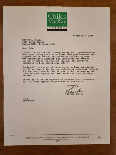 Lawton Chiles Signed Autographed Letter Florida Governor Senator