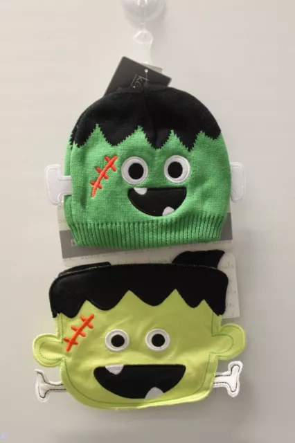 2-SET 6-12M FRANKENSTEIN KNIT HAT & BIB Koala Kids Baby Infant Halloween NEW