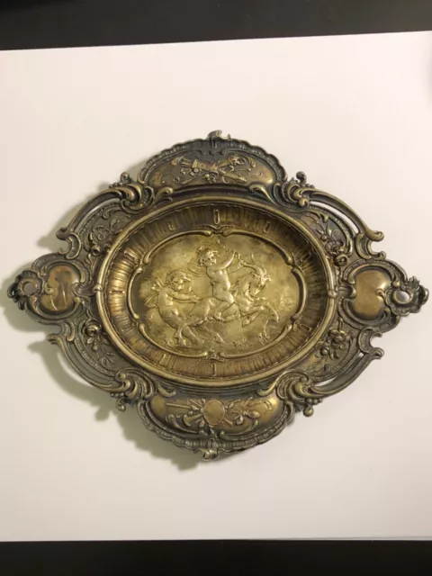 Victorian sterling silver cherub fighting goat ride relief pin dish 110422dBIZDC