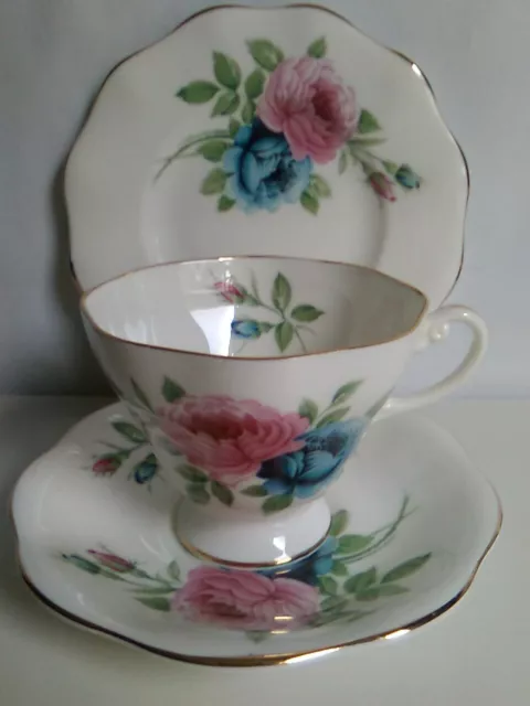 Vintage EB Foley TRIO Cup,Saucer, Sideplate -Pink & Blue Roses #4541 England VGC