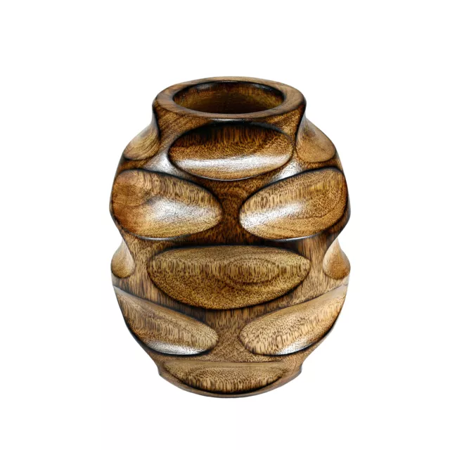 Striking Brown Hand Carved Oval Etched Mango Tree Wood Flower Vase