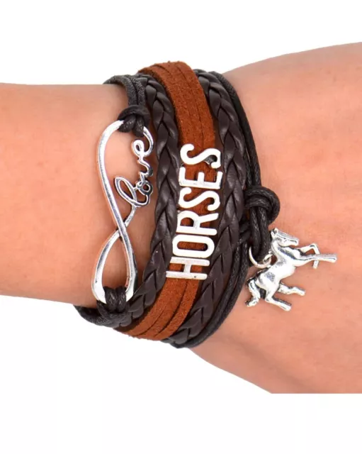Horse Infinity Love Charm Silver Brown Leather Bracelet Women's Girl's Fashion 2