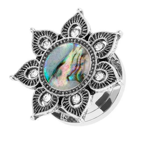 Flesh Ohr Tunnel Plug Piercing Edelstahl Tribal Mandala Blume mit Opal Perlmutt