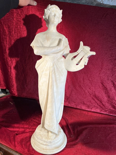 Guglielmo Pugi Statue Femme Harpe Marbre Carrare/Albâtre Fin XIX eme À Restaurer