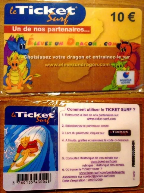 Ticket Surf – Élever Un Dragon Belgique – 10 € – Neuf – 28/02/2009