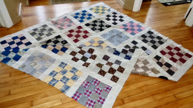 Antique Black Blue White Calico Prints Patchwork Squares Bed Quilt Top Aafa