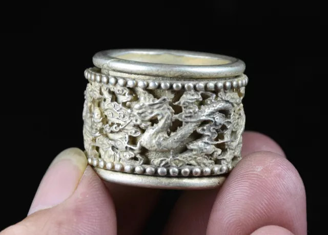 2.5CM Marked Old Chinese Miao Silver Dragon Phoenix rotate Feng Shui Finger Ring