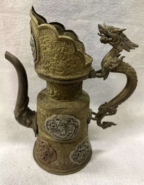 Antique Tibetan Copper Brass Teapot Kettle Water Vessel Dragon Motif Pot