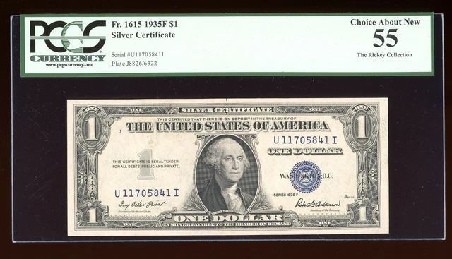 DBR $1 1935-F Silver Fr. 1615 UI Block PCGS 55 Serial U11705841I