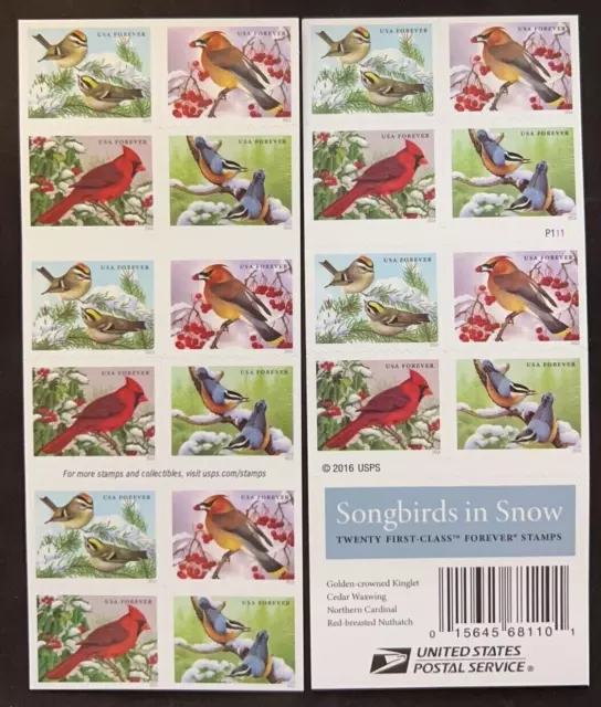 Songbirds in Snow Self-Adhesive US Stamps BOOKLET of 20 Stamps 1 SHEET (MNH)