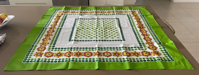 Vintage  Table Cloth 1960'S CottonGreen Orange Yellow Floral Print 129 x 124cm